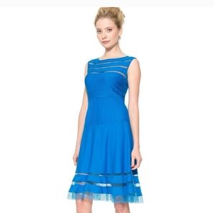 Tadashi Shoji Illusion Mesh Stripe Pintuck Jersey Sky Blue Cocktail Dress